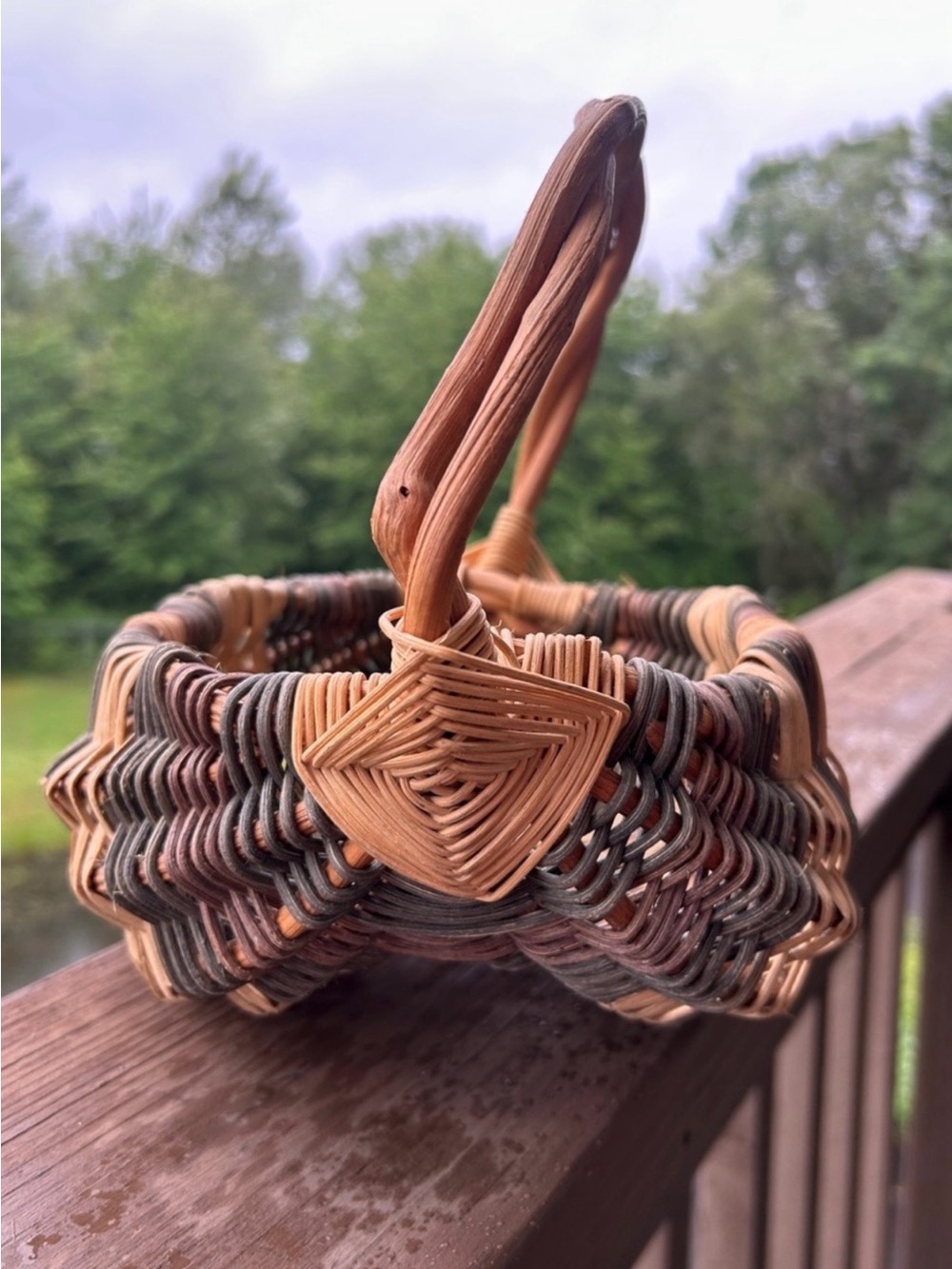 Hand Woven Butt Basket, Gods Eye, Egg Gathering Handmade Rustic Farmhouse